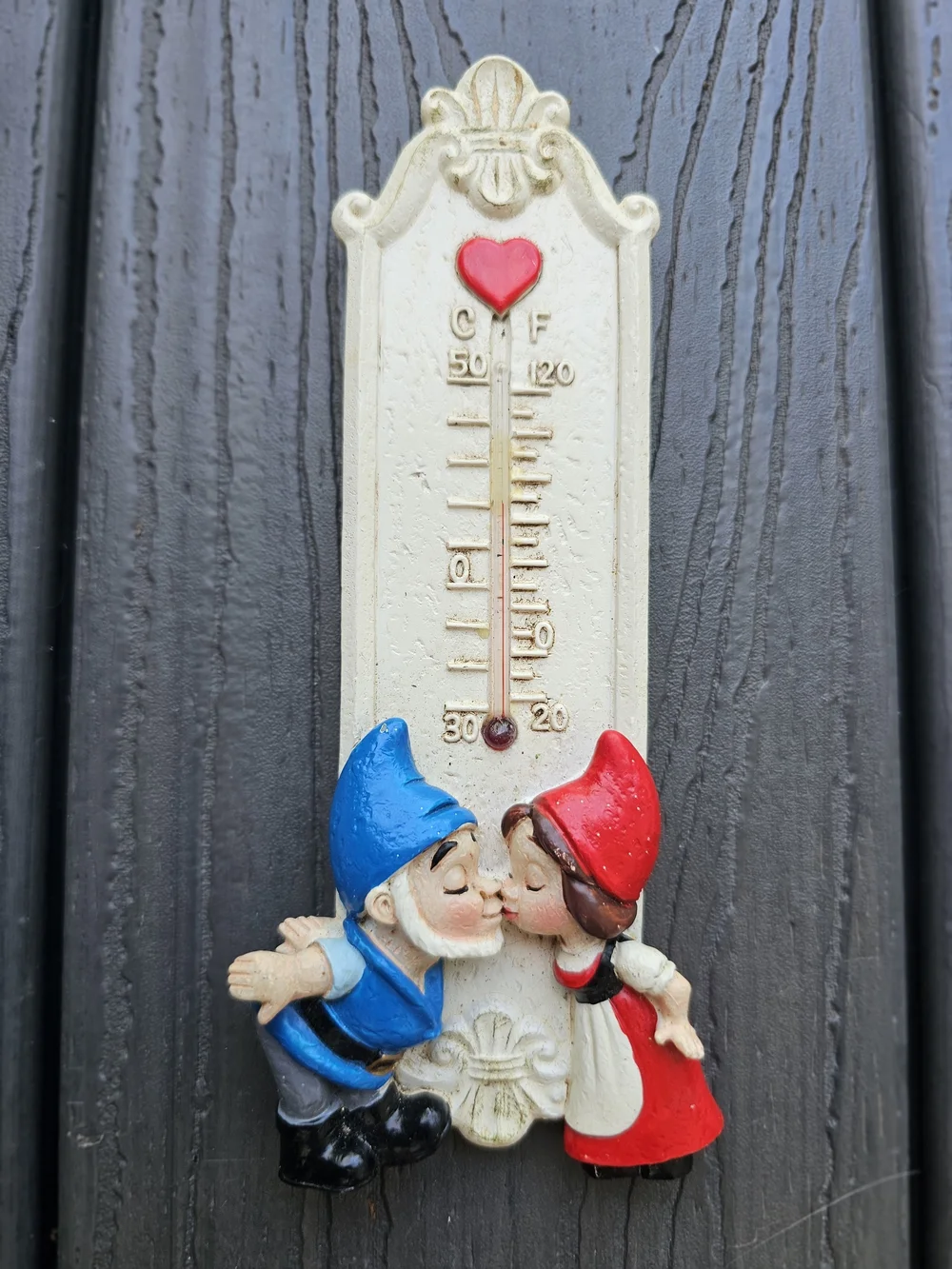 Vintage Whimsical Garden Gnome Thermometer Wall Decor in Red & Blue